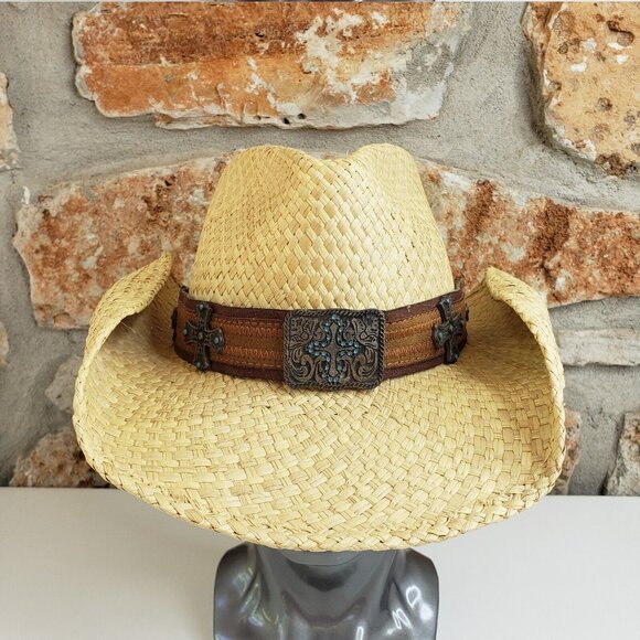 BULLHIDE straw Cowboy Hat Ranch Western Size M suede band Turquoise And Crosses main image 7